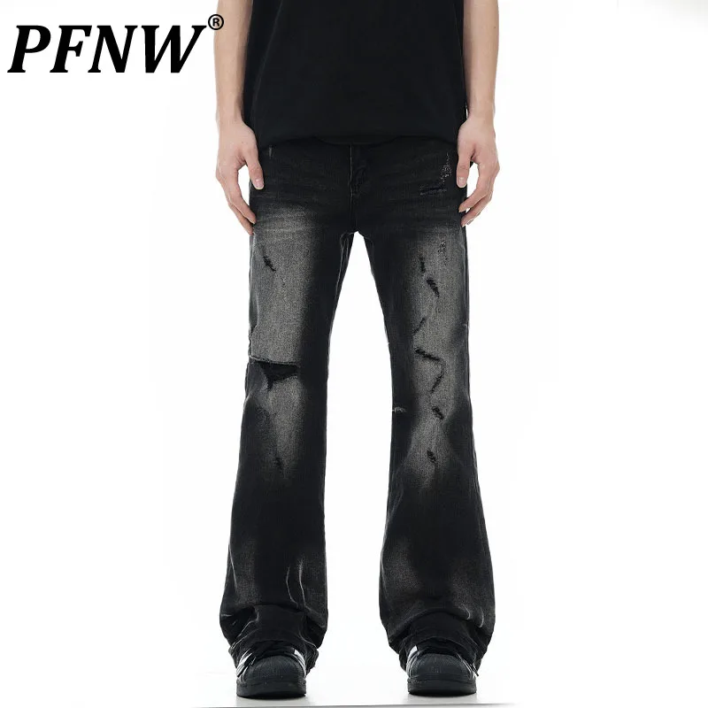 

PFNW 2024 New Stylish Black Men's Denim Pants American Retro Hole Loose High Street Boot-cut Male Autumn Long Jeans 28W3882
