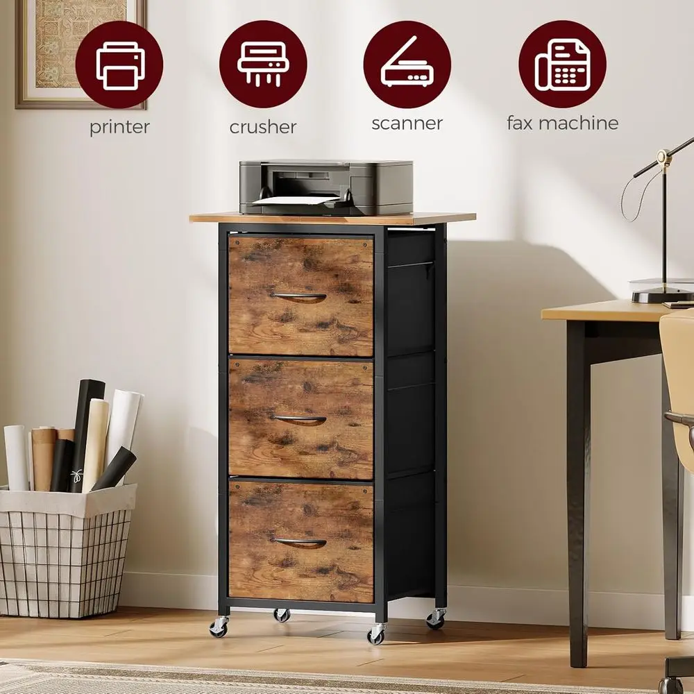 Vertical 3-Drawer File Cabinet with Wheels, Printer Stand, Adjustable Rods, A4/Letter, Home Office, Rustic Brown & Black