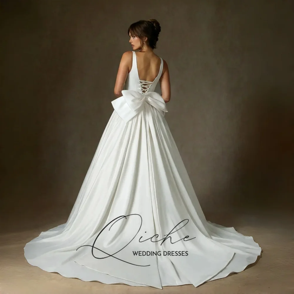 QICHE Elegant Square Backless Bow Straps Sleeveless A-line Weeding Long Dress  Bridal Party Gown Vestido De Noiva Customized