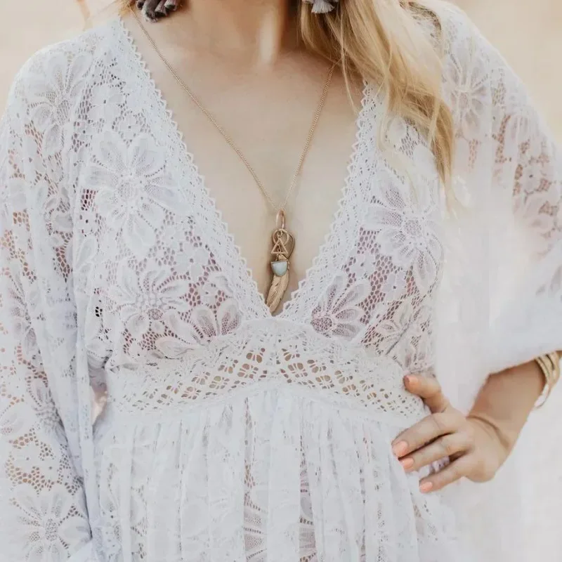 Sexy Boho Maternity Photo Shoot Long Dresses V-neck Women Photography Props Backless White Floor Mopping Dress