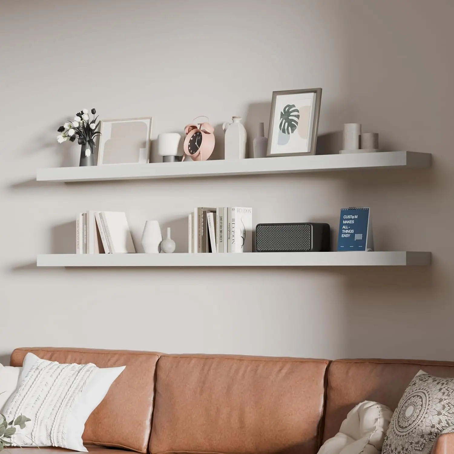 White Set of 2 Solid Wood 60 Inch Long Floating Wall Shelves, Rustic Wall‑Mounted Storage & Display Shelving with Invisible Brackets for Living Room, Bedroom, Kitchen Home Decor