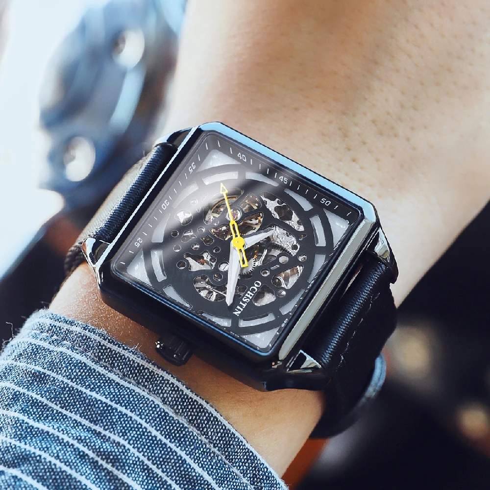 OCHSTIN Automatic Mechanical Watch Men Sports Skeleton Square Case Waterproof Male Business Wristwatch Quick Release Nylon Strap