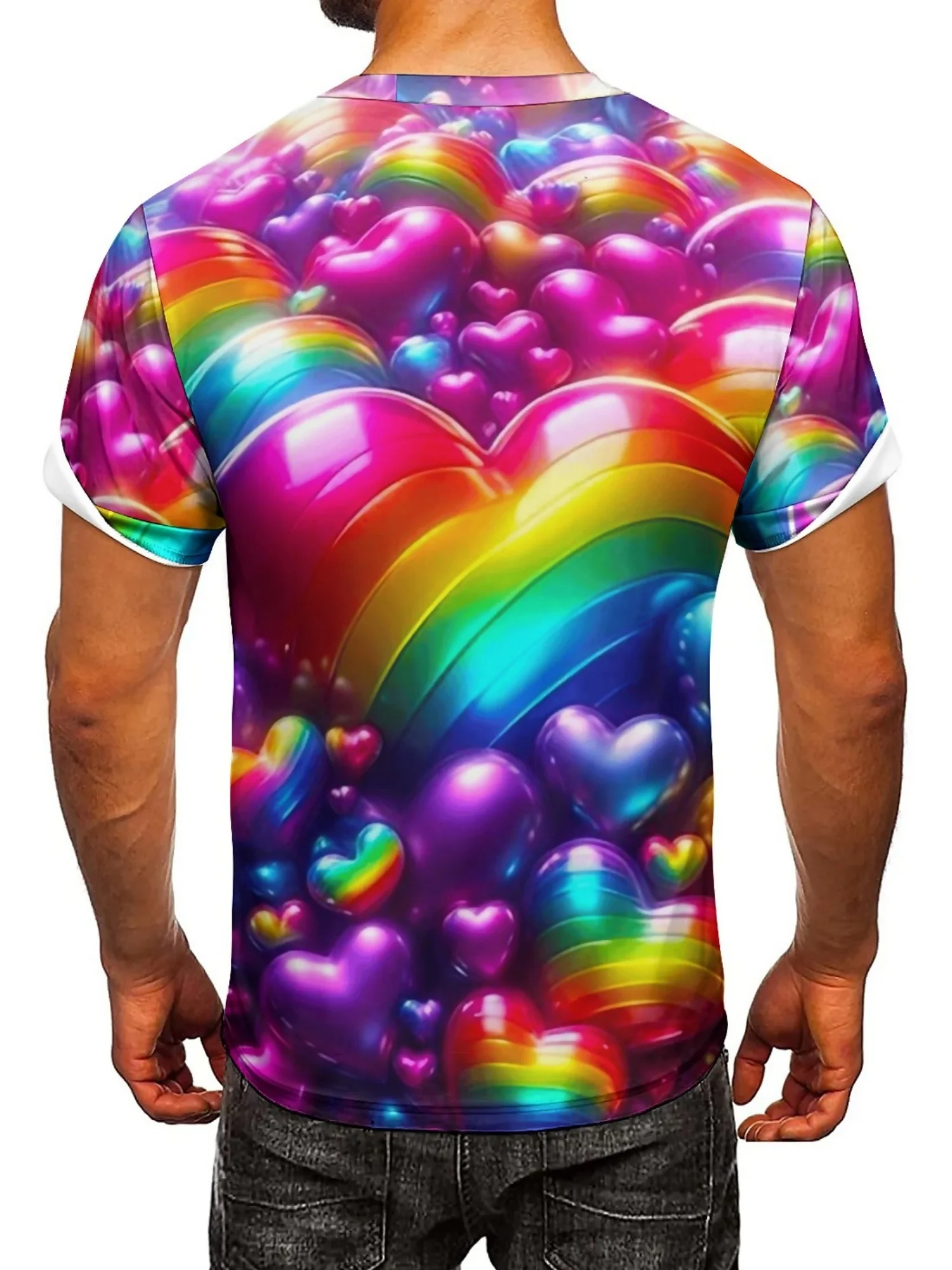 Men'S Plus Size Hip-Hop T-Shirt - Summer Essential, 3D Heart Print, Vibrant Rainbow Colors, Casual Polyester Fabric