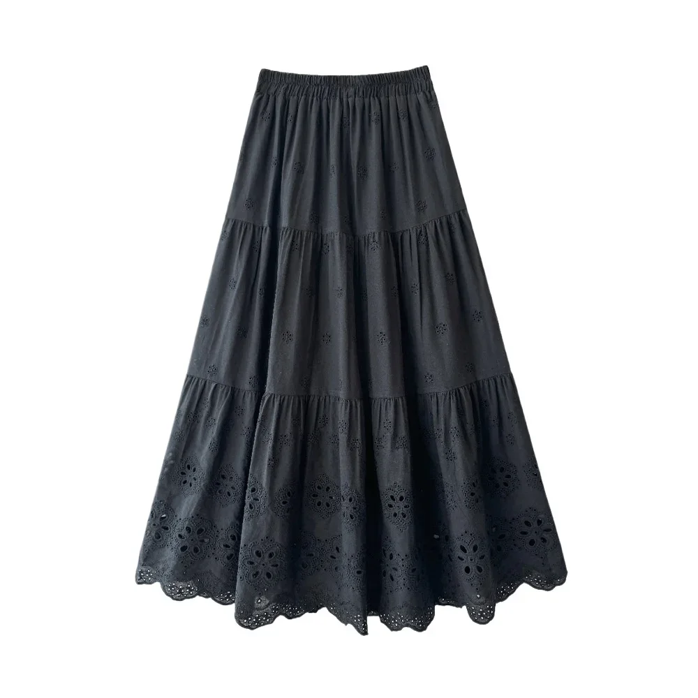 2024 New Fashion Summer Women Hollow Out Embroidery A-line Skirt Casual Women Vintage Elegant High Waist Aesthetic Skirt Female