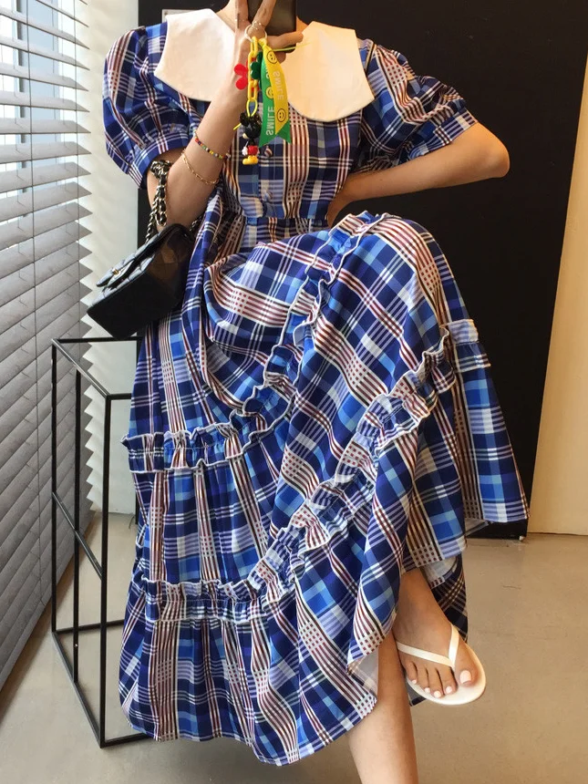 Marinekragen, A-Linie, Dr mit Cheered-Print und Farbkolion, langer Rock, Saum, Reisen, Fotografie, Freund, Frühling, Herbst, W...