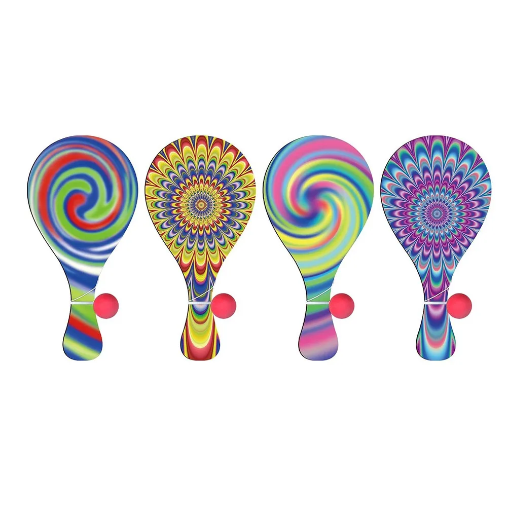 

Набор из 4 портативных детских ракеток для игры в мяч, ретро-дизайн, деревянные ракетки с эластичной веревкой, психоделические деревянные ракетки с мячом