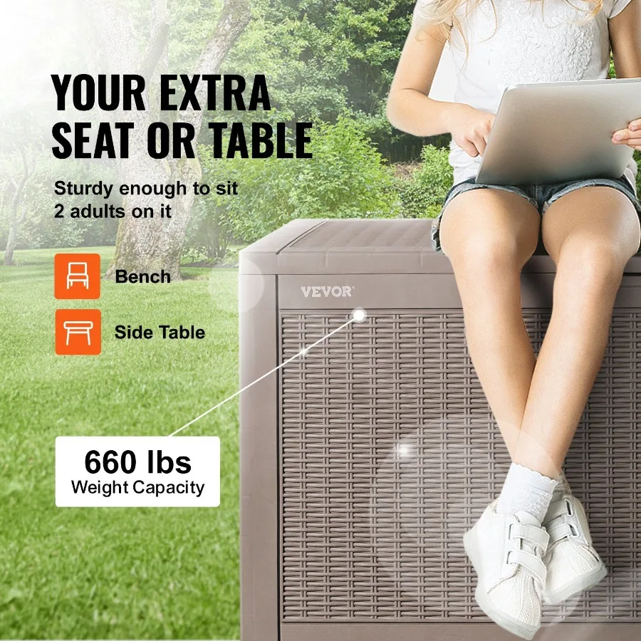 Deck Box 100 Gallon Outdoor Storage Box 48.0 x 21.5 x 24.5 Waterproof PP Deckbox with Aluminum Alloy Padlock for Patio Furnitu