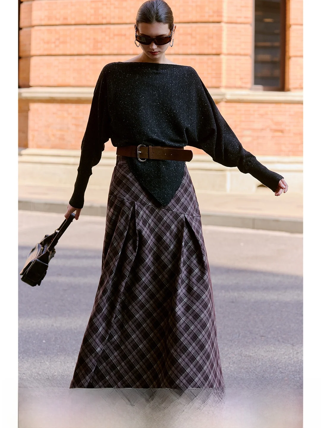 Luna7xi Retro Plaid Asymmetrical A-Line Umbrella Skirt High Waist Slimming Full Skirt Elegance Half-length Women's Skirt