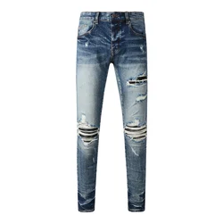 Street Fashion Männer Jeans Hohe Qualität Retro Blau Stretch Dünne Zerrissene Jeans Männer Leder Gepatcht Marke Designer Hip Hop Hosen