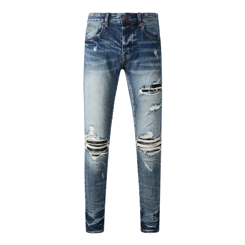 Street Fashion Men Jeans High Quality Retro Blue Stretch Skinny Ripped Jeans Men Leather Patched Brand Designer Hip Hop Pants