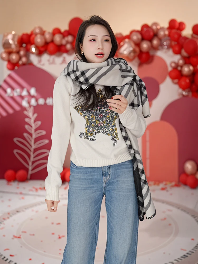 

High-End Embroidered Wool Knitwear Women's Faionable Spring Soft Base Layer Sweater Casual Loose Fit Long Sve round Ne