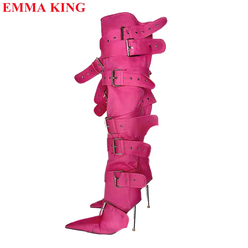 الإناث مشبك حزام عبر تعادل فوق الركبة الأحذية أشار تو كعب معدني دراجة نارية أحذية عالية الكعب الفخذ أحذية عالية امرأة