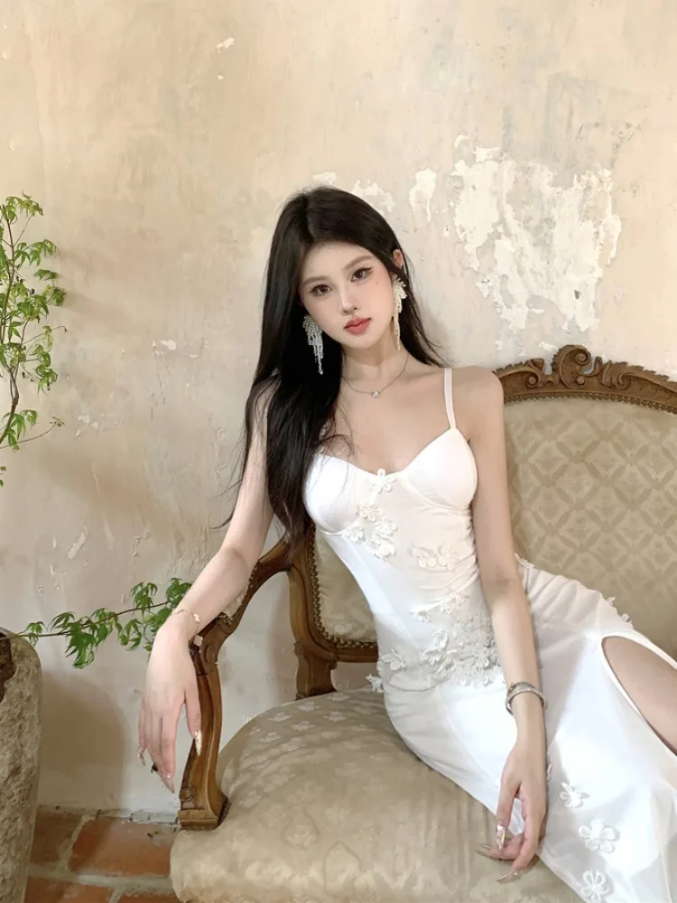 Elegant Sheer Mesh Sexy Maxi Dress For Women White See Through Spaghetti Strap Sleeveless Thigh High Split Long Dress