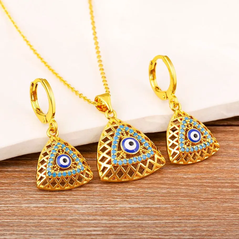 AIBEF Triangle Evil Eye Drop Earrings Necklace Jewelry Sets For Women Girl Ear Jewelry Choker Simple Party Engagement Gifts