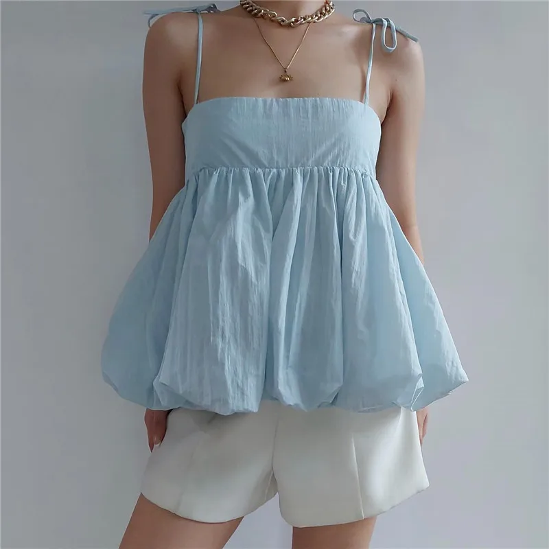 Women Summer Blossom Tops Sweet Sleevless Lace Up Shoulder Straps Pleated Puffy Babydoll Tank Tops Female Solid Color Camis Y2K