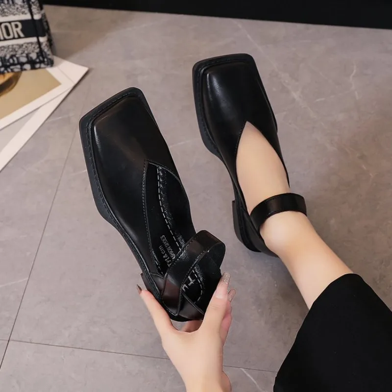 2024 Flat Shoes Women Square Toe Single Shoes Simple Temperament Leather Shoes Spring Autumn 4 Colors