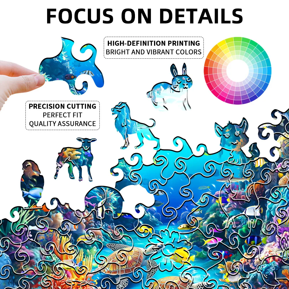 أحجية خشبية - هدية ألغاز خشبية متقدمة فريدة من نوعها للبالغين - شجرة السعادة، لعبة ألغاز الصور المقطوعة على شكل حيوانات عالم المحيط العائلي