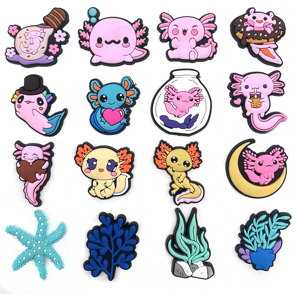 16pcs Cute Axolotl PVC Shoe Charms Cartoon Sea Salamander Seaweed Starfish Detachable DIY Clog Shoe Decor Accessories