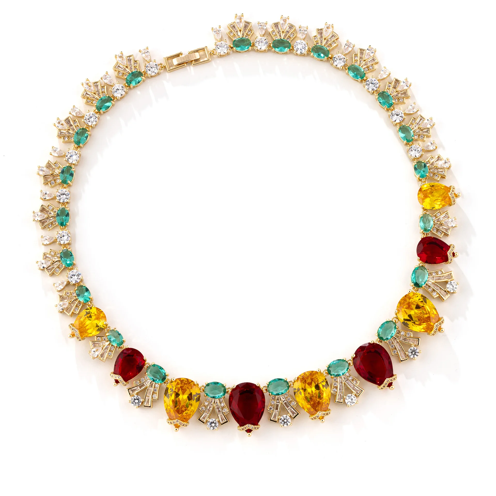 Luxury Palace Style Colored Gemstone Necklace Earrings Two-Piece Set Heavy Craft Teardrop Colored Zircon Set Bridal Dinner Light