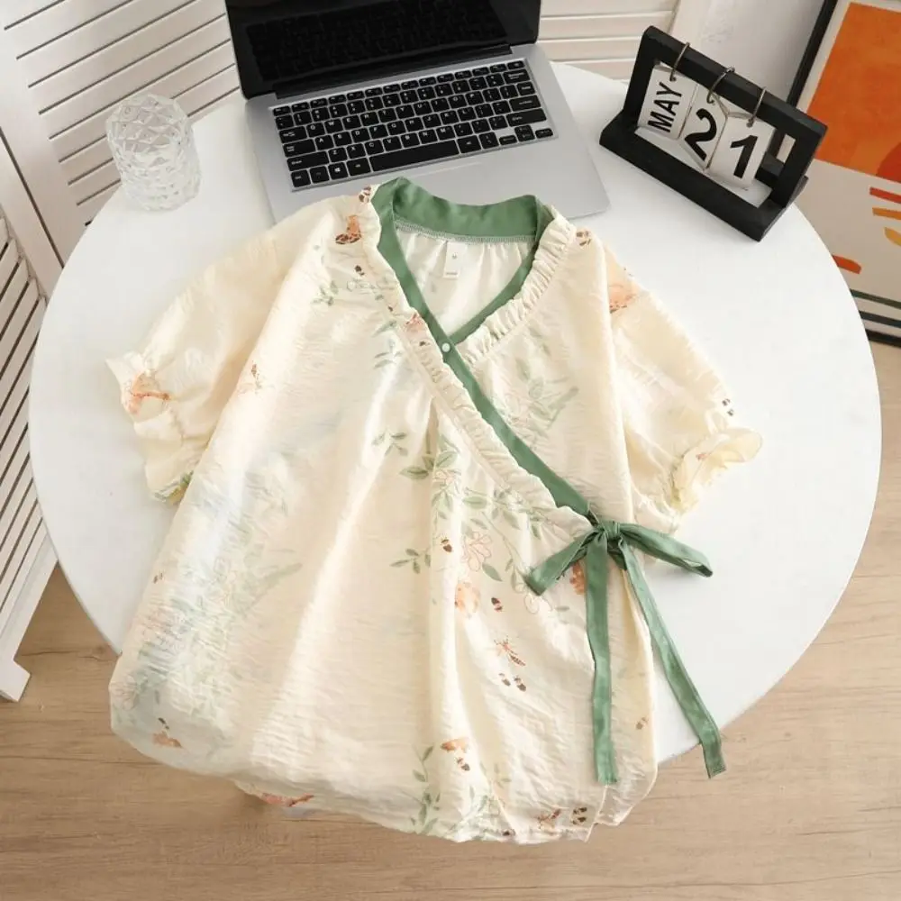 

New Chinese Style Lace Up Pajama Suit Reffle Flower Shorts Sleeve Nightwear Women Homewear Loose Two Pieces Sleepwear Sets Gifts