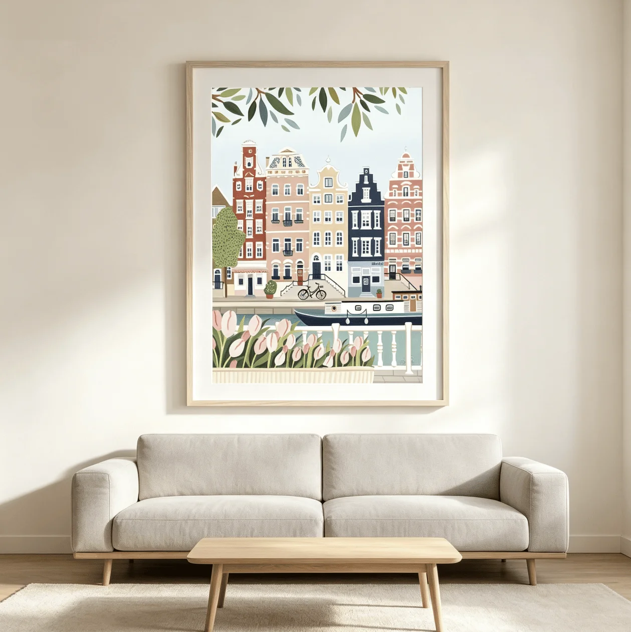 Amsterdam Canal Tulip Town Wall Art Canvas Prints Decor, Dutch Colorful House Bicycle Poster for Living Room, Cafe, Cottage Home