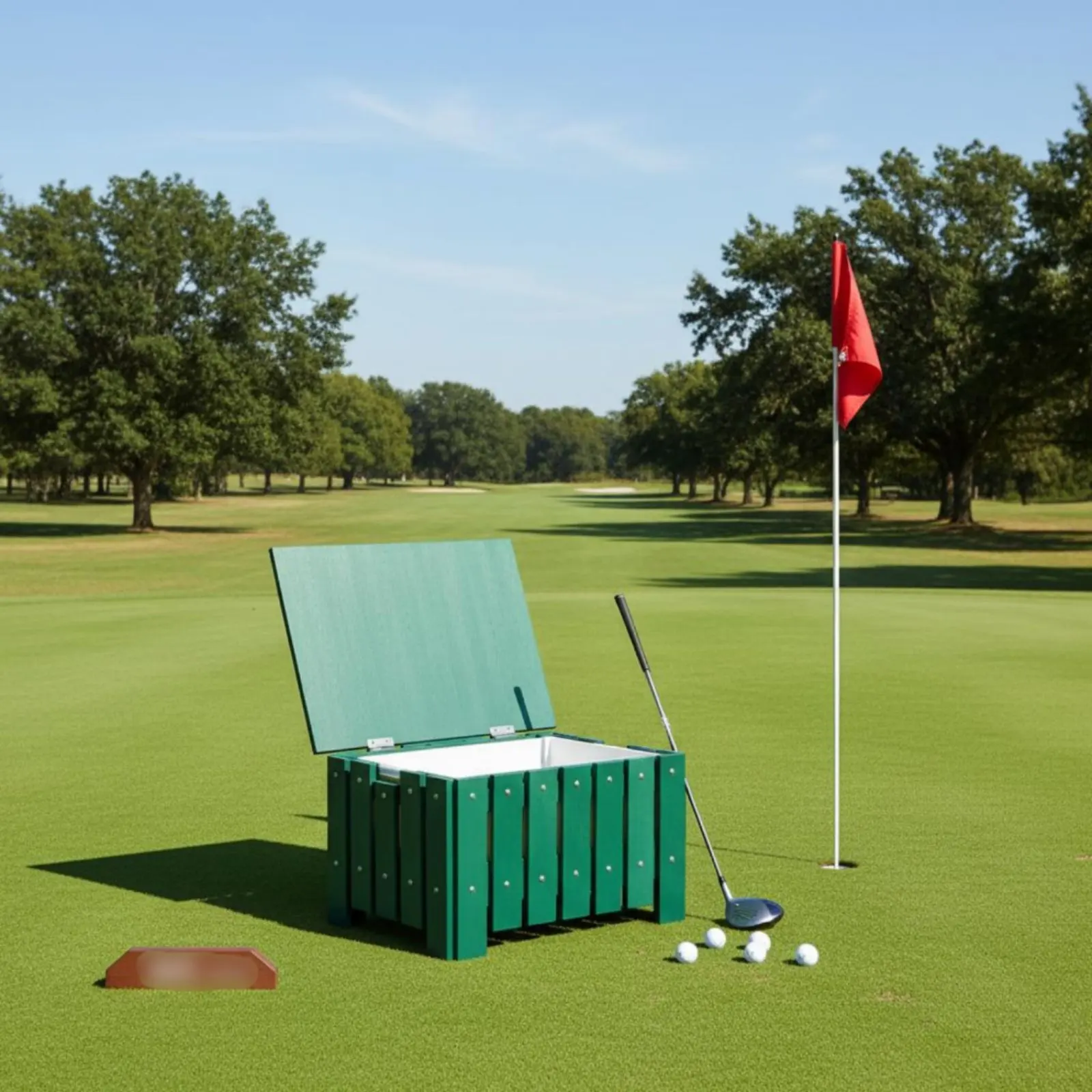 

Fairway Course Sand Bin Weather Resistant Lidded Turf Repair Combination Container Round Plastic Wood Trash Can Sturdy Outdoor