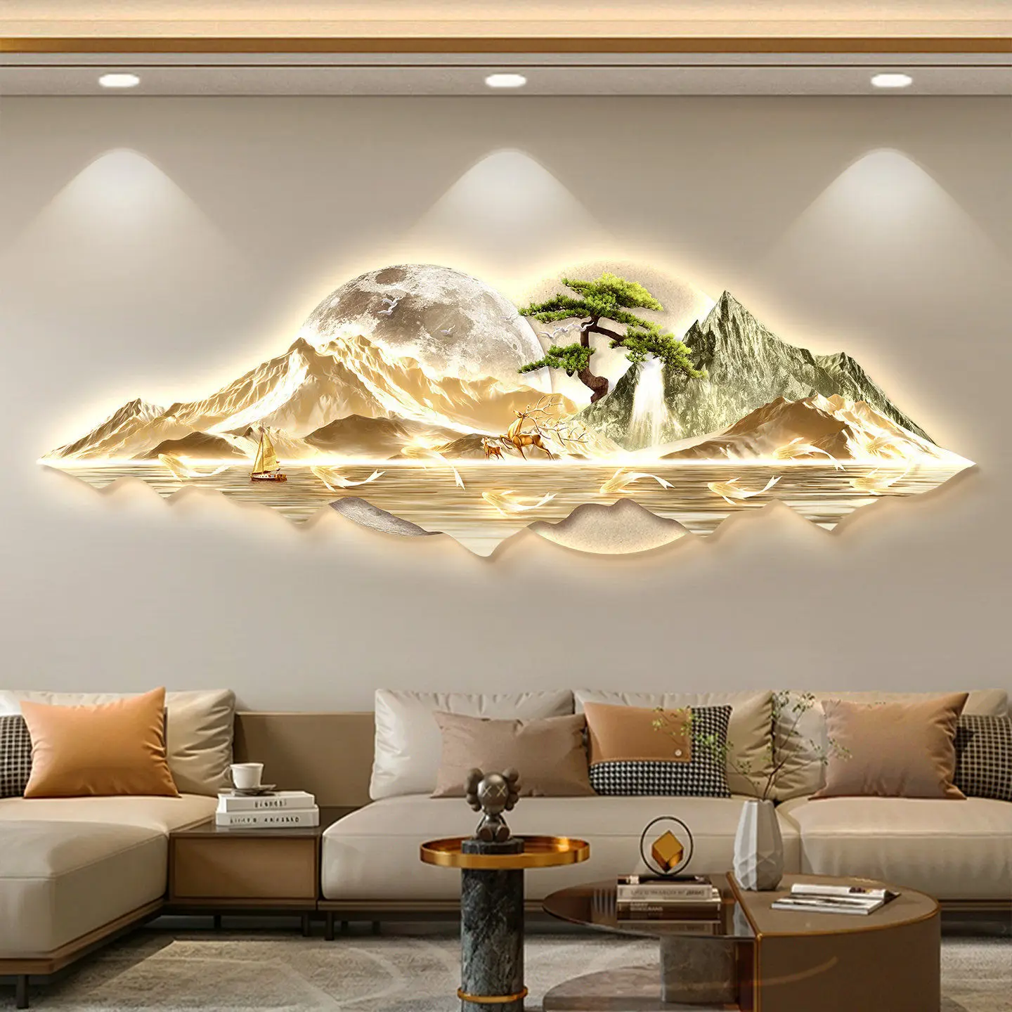 Light luxury landscape living room decoration painting with LED lights, atmospheric meaning, good sense of luxury hanging painti