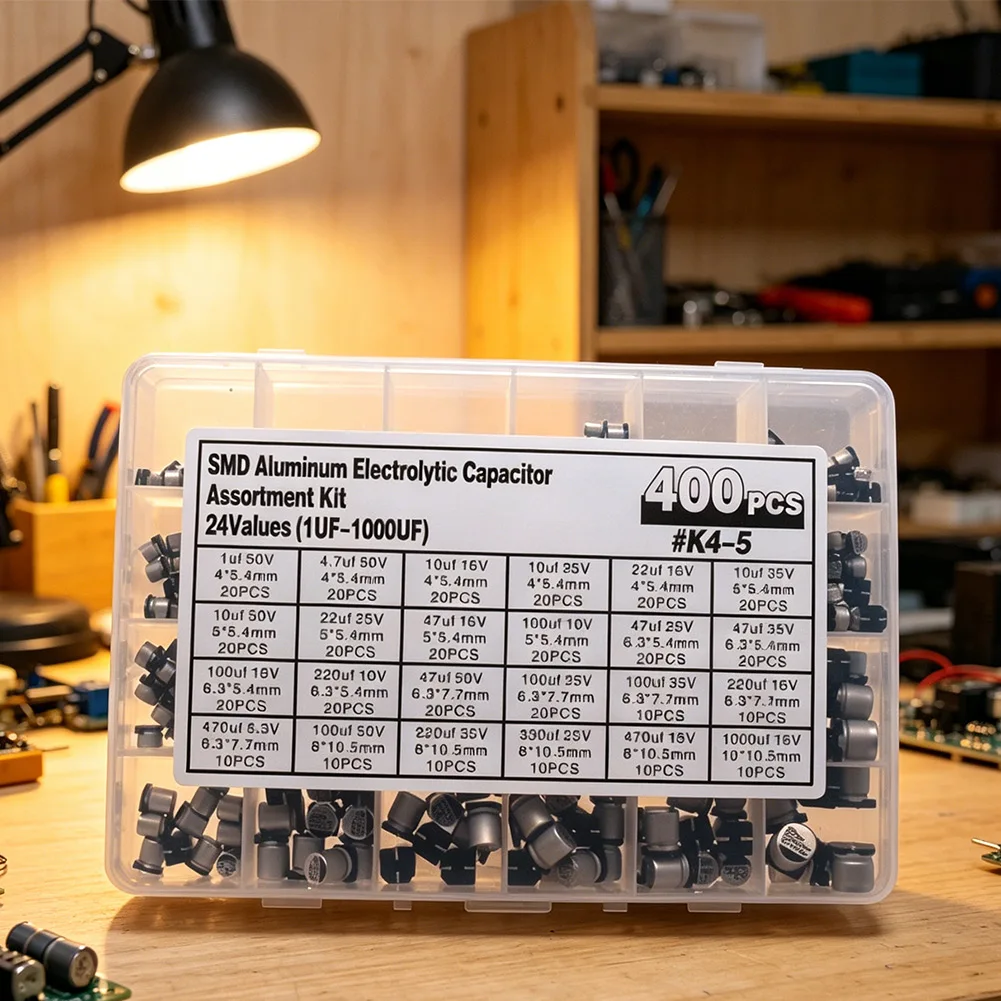 Aluminum Electrolytic Capacitor Kit 400 Pieces For SMD Mount 1uF To 1000uF 6.3V 10V 16V 25V 35V 50V 24 Values For Testing
