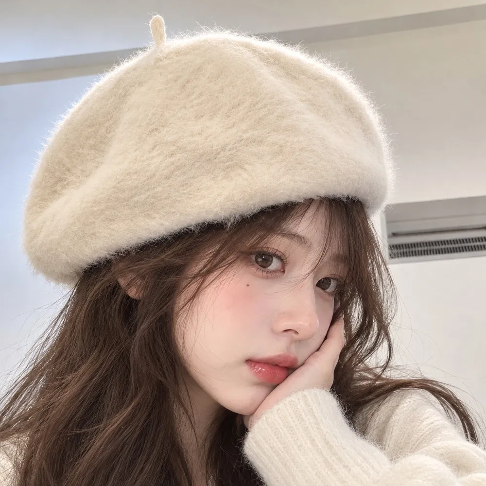 Newsboy Hat Solid Color Faux Mink Beret Furry Flat Top Pumpkin Painter Cap Warm Thermal Plush Octagonal Cap Dating