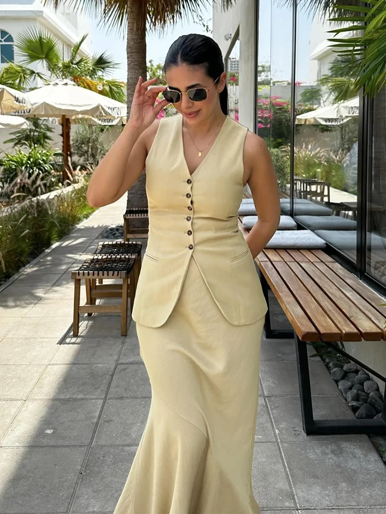 

Fashion Suit Vest Long Skirts Sets For Women Casual Solid V-neck Sleeveless Single Breasted Tops A-line Maxi Skirts Lady Suits