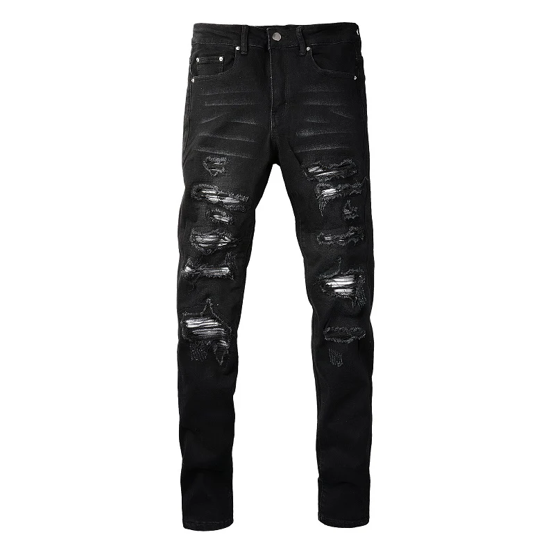 Herren Plissierte Patchwork-Biker-Jeans Streetwear Skinny Tapered Stretch-Denim-Hose Zerrissene Patchwork-Schwarze Hose – Detail 14
