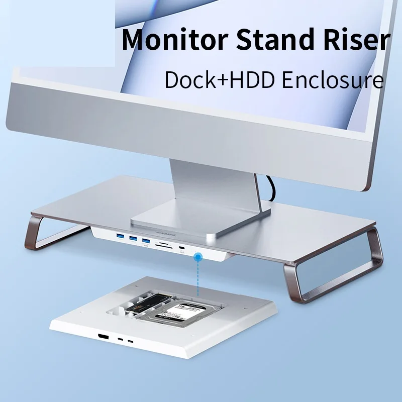 New Monitor Stand Riser USB-C Hub with Dual Hard Drive Enclosure for Mac Mini M1 iMac 2021 Macbook Pro PC Laptop Desk Holder