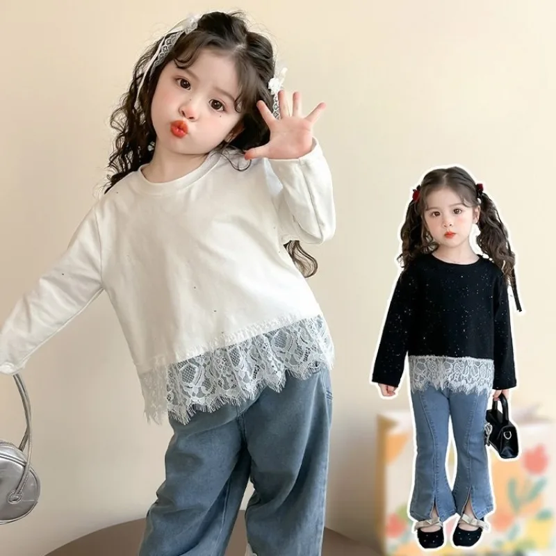 New Autumn Girls Bottoming Shirt 1-7T Lace Patchwork Cute Dots Long Sleeve T-shirts Children's Base Tops Korean Style Clothes