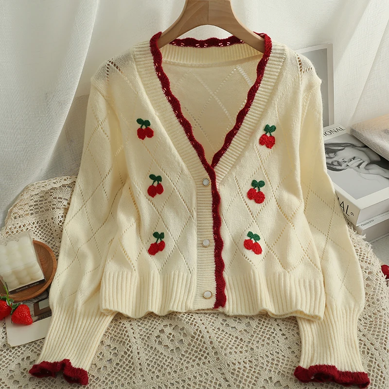 EBAIHUI Wave Edged V-neck Knitted Cardigan for Women Vintage Cherry Embroidered Ladies Sweater Autumn Daily Casual Coat