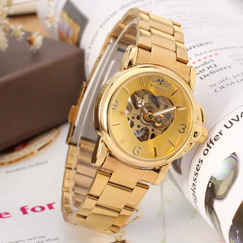 WINNER Brand Ladies Women Fashion Watch Automatic Mechanical Golden Heart Skeleton Dial Stainless Steel Band Elegant Wristwatch