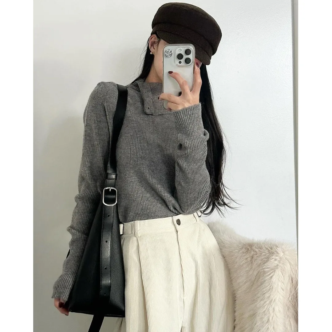 Elegant High Collar Long Sleeve Knitted Sweater for Women Multi Button Slim Fit Casual Style Viscose Fabric Pure Color