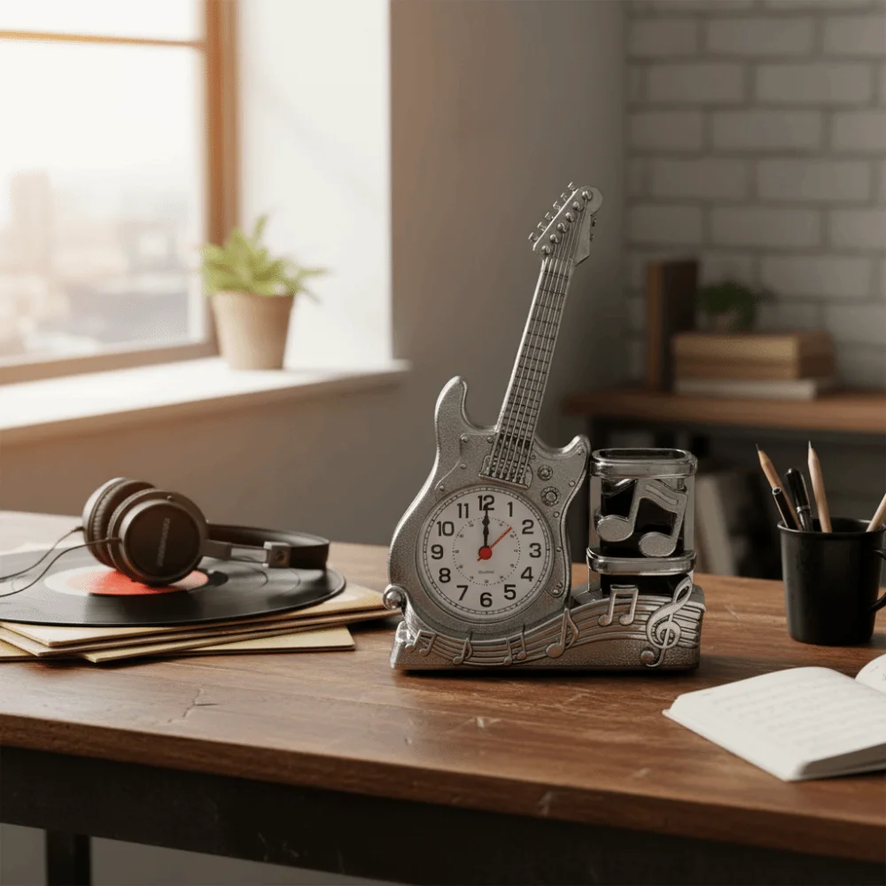 Battery Powered Guitar Alarm Clock Stylish Violin Chic Creative Pen Holder Clock Creative Design Built-in Pen Organizer