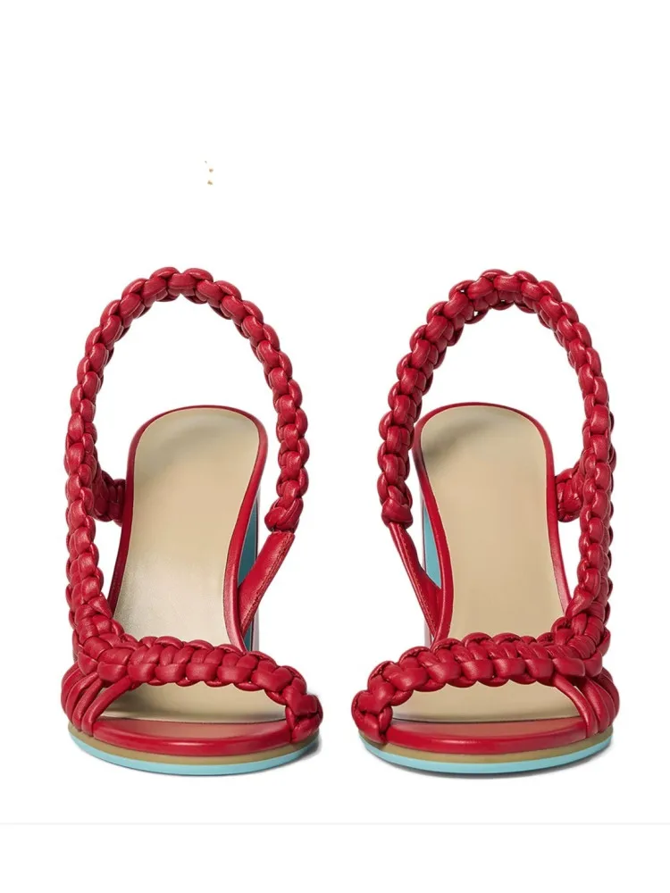 2025 Summer New Coarse High Heel Knitted Women's Sandals Fashion Show Large Women's Sandals image 2