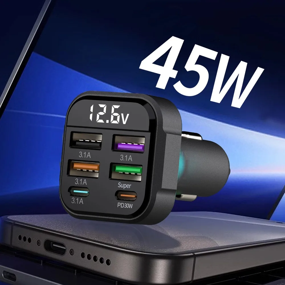 شاحن سيارة USB متعدد المنافذ، محول شحن سريع للغاية PD من النوع C لهاتف iPhone 15 16 Pro Max Samsung iPad والمزيد