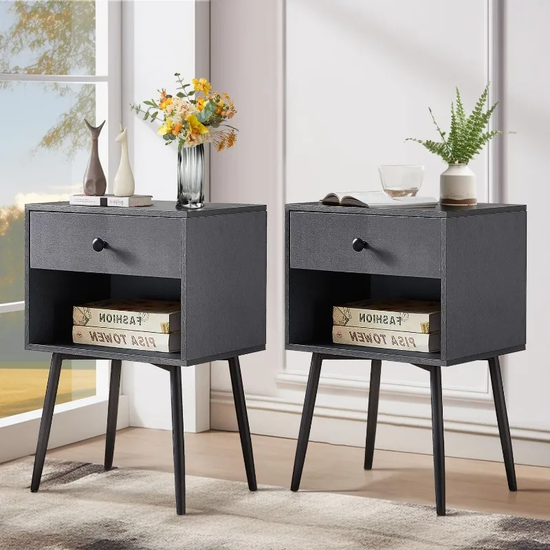 

Nightstands (set of 2), Industrial Style 2-Tier Nightstand w/ Side Drawers, Wooden Mid-Century Table Sideboard