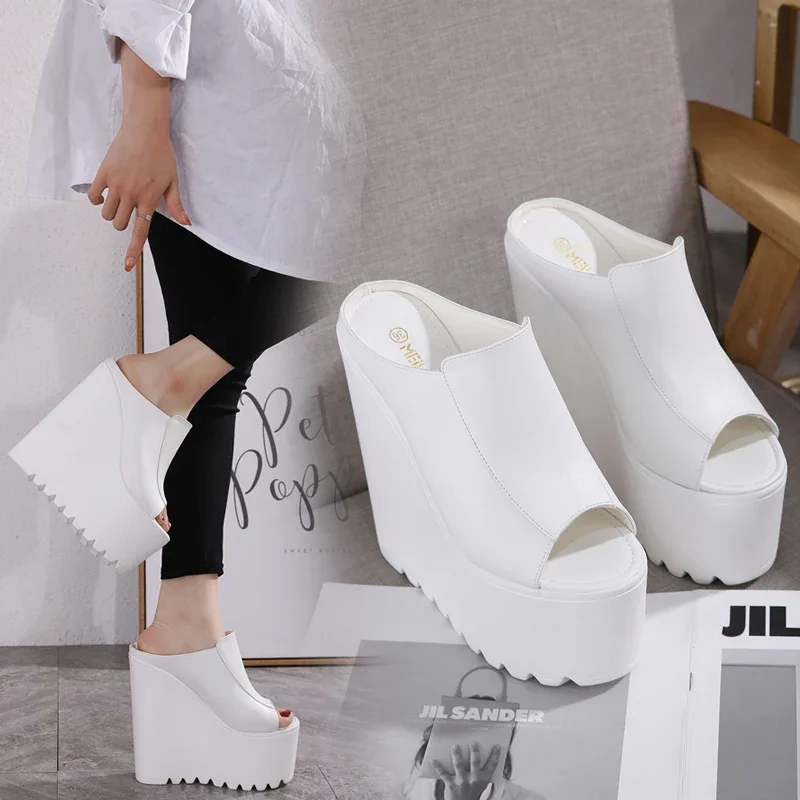 mesh high heels Slipper Women Summer fashion platform wedge slippers slope heel women summer shoes Wedges beach Slides 16cm