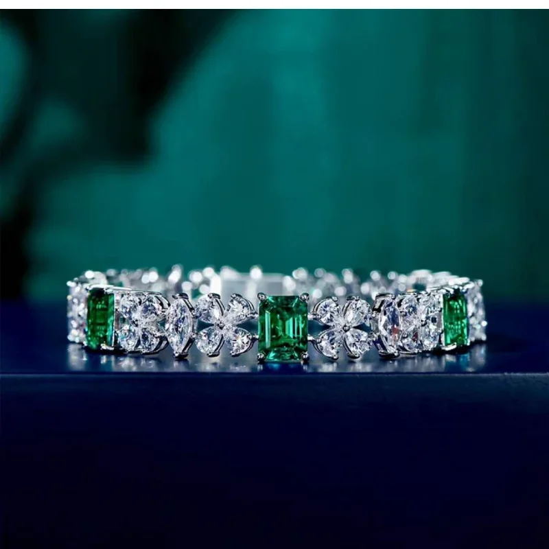 Trendy Lab Emerald Diamond Bangle Bracelet 100% Real 925 Sterling silver Wedding Bracelets For Women Promise Party Jewelry Gift