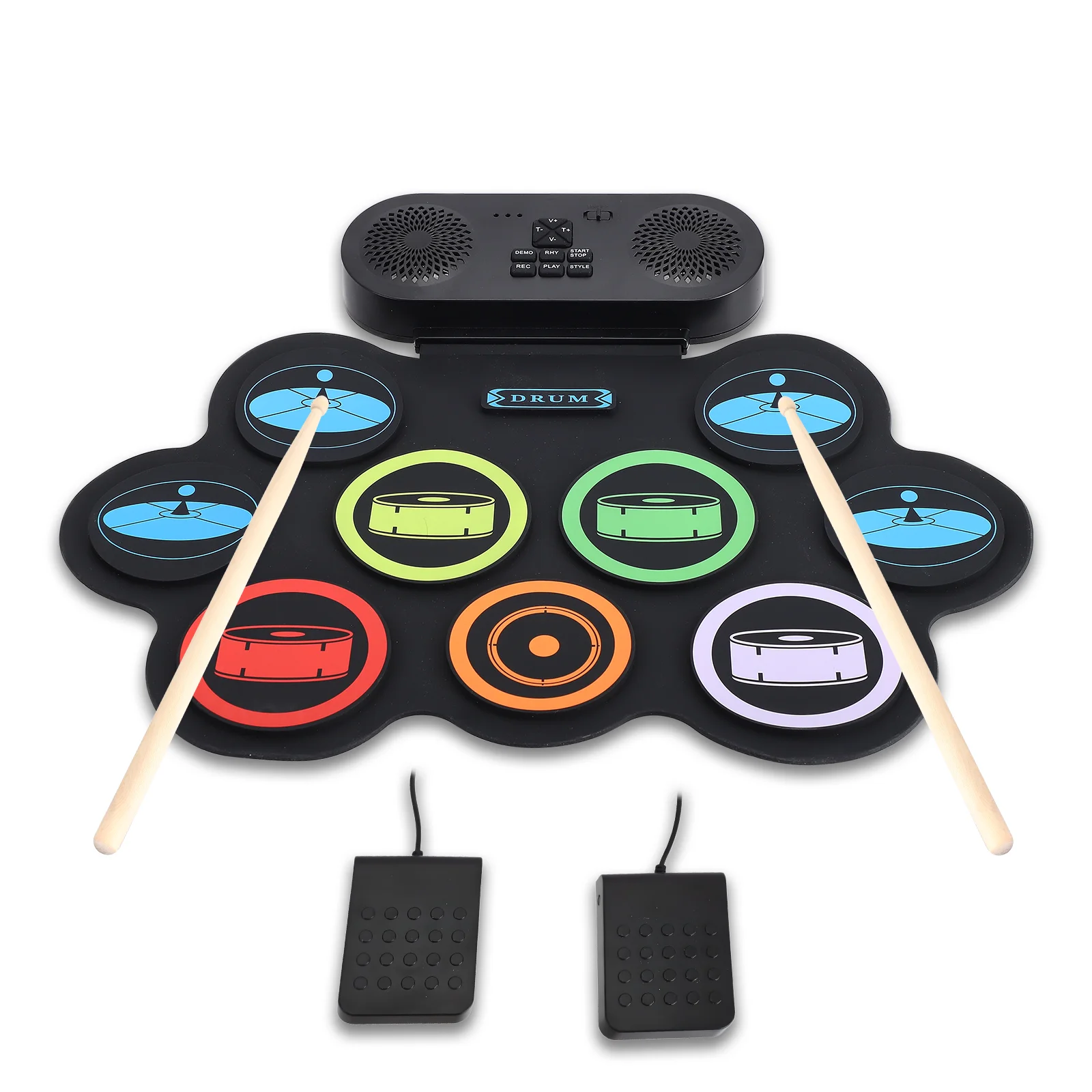 Elektronisches Schlagzeug, 9 Drum-Pads mit Dual-Stereo-Lautsprechern, Pedale & Sticks, Kopfhörer/Bluetooth/MIDI, Geschenk für Kinder & Anfänger