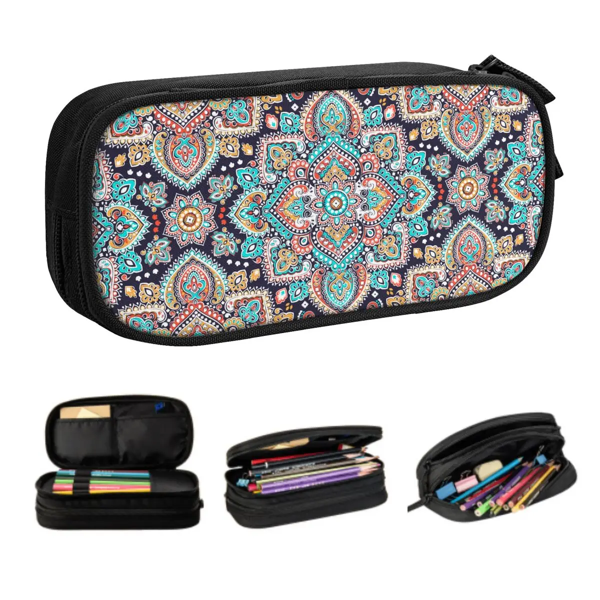 Custom Arabic Indian Ethnic Floral Mandalas Pattern Korean Pencil Cases Boys Gilrs Big Capacity Pencil Box Students Stationery
