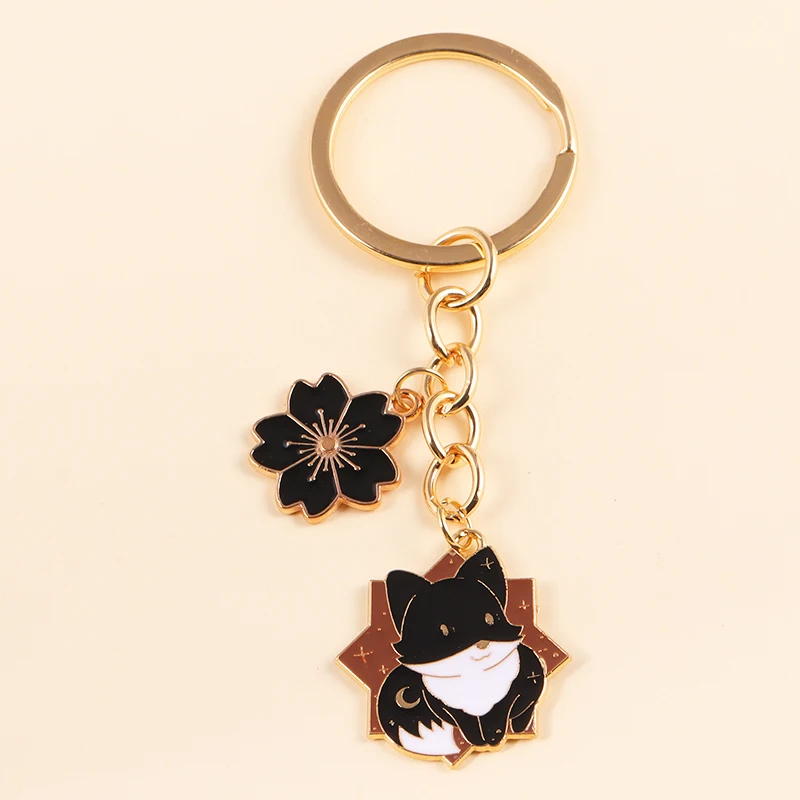 Cute Metal Enamel Cartoon Sakura Fox Pendants Keychain Lovely Anime Charm Key Holder For Women Men Couple Bags Car Key Decor