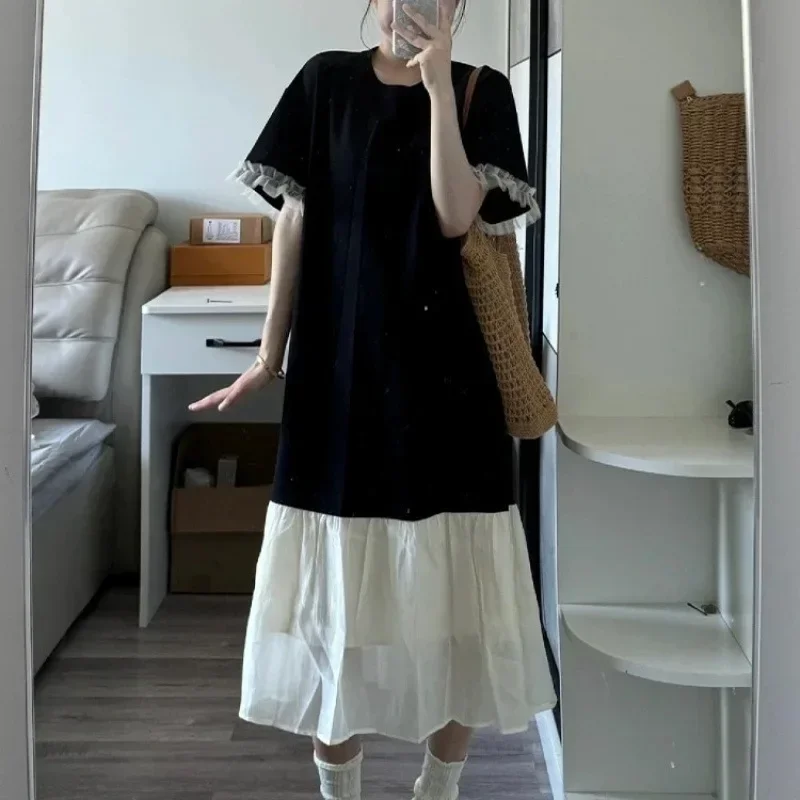 الصيف رقيقة سوداء قصيرة الأكمام تي شيرت اللباس لصق تنورة طويلة للنساء طبطب جولة الرقبة الكاحل طول ثوب مسائي #1