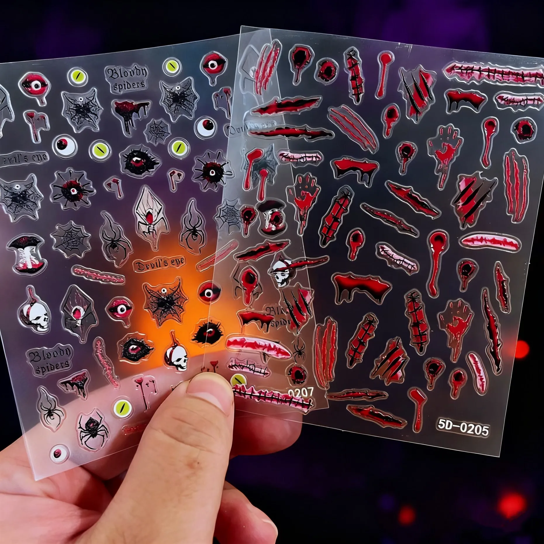 

1pc 5D Gothic Horror Fake Sutured Wound Nail Stickers Blood Red Handprint & Blood Drip Designs Nail Decal Halloween Party Favors