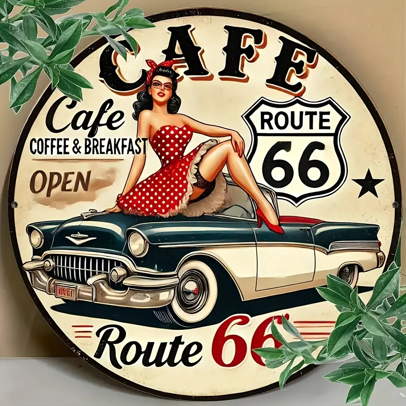 2D-Plan 1-teilig, Retro Route 66 Cafe Holzschild, Garage und Vintage-Wanddekoration des Bauernhauses