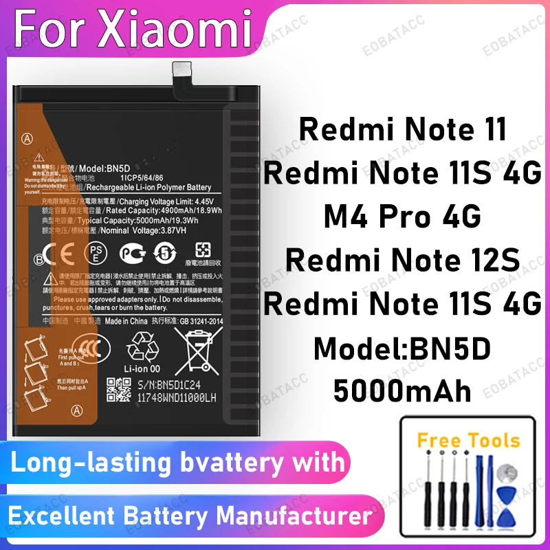 100% New 5000mAh BN5D Battery For XIAOMI M4 Pro 4G/Redmi Note 12S/Note 11S 4G Battery Replacement Bateria+Free Tools