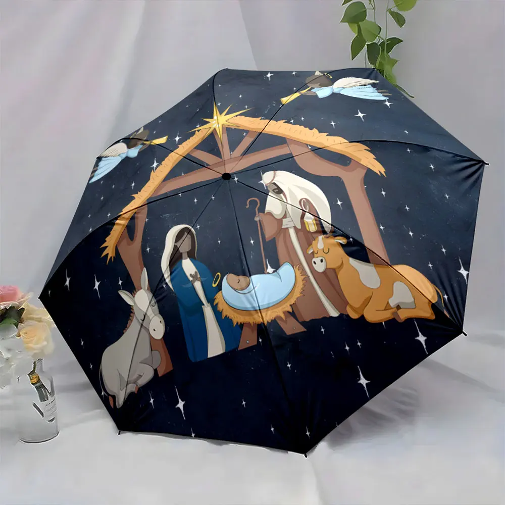 1PC Nativity Scene on Umbrella: Artful Christmas Imagery Print 8 Iron Ribs Folding Umbrella Auto-Open Fashion Sunshade